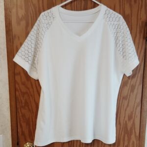 White V-Neck  Waffle Women's Top with Lace Raglan Sleeves
